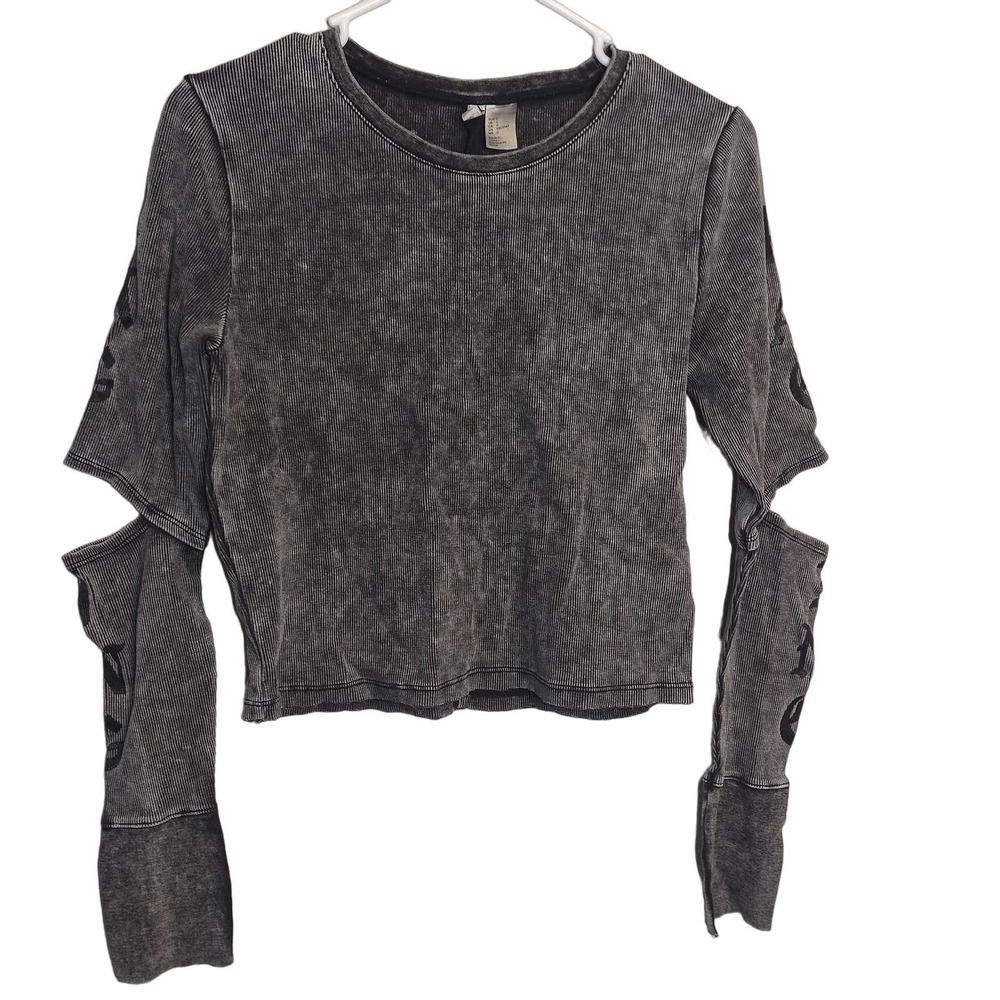 Divided H&M Dark Charcoal Grey Long Sleeve Cropped Open Shoulder Crop Top Size L